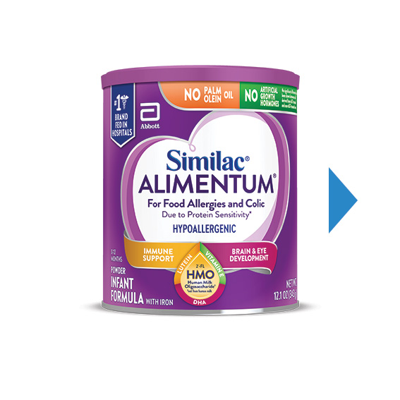 Alimentum 12.1 oz can with arrow pointing right