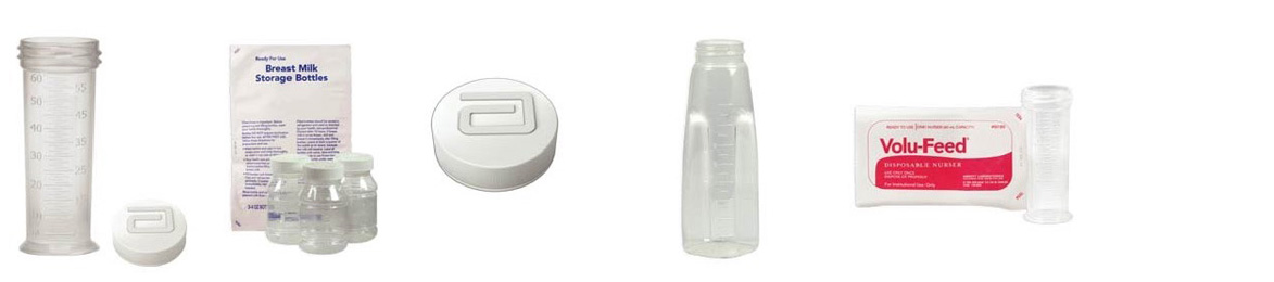 A variety of bottles and caps for storing human milk to provide extra support during breastfeeding