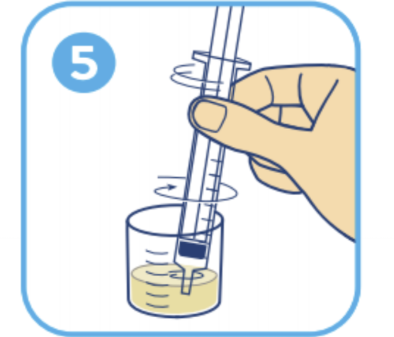 Using a single-use oral syringe, gently swirl until uniformly distributed