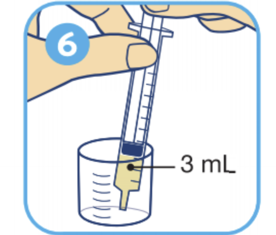 Using a single-use oral syringe, draw up 3 mL from container into syringe