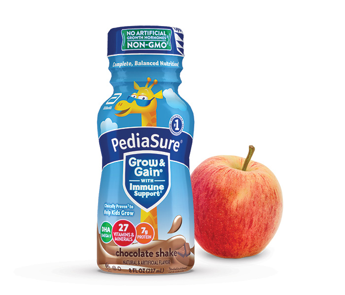 PediaSure Grow and Gain 8 oz bottle Chocolate flavor with an apple