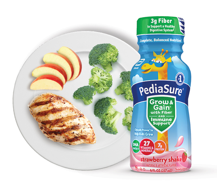 PediaSure Grow and Gain with Fiber Strawberry flavor with a plate of food
